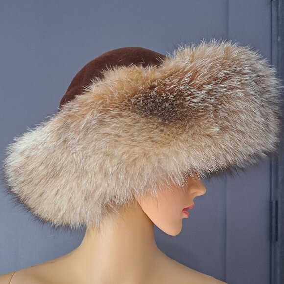 Crystal Fox Trim with Brown Velvet Crown Oversized Pillbox Hat main image 4
